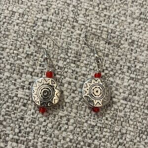 Silver Tone and Red Bead Bohemian Tribal Dangle Earrings